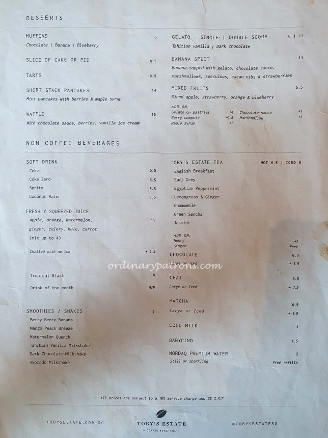 Menu of Toby’s Estate