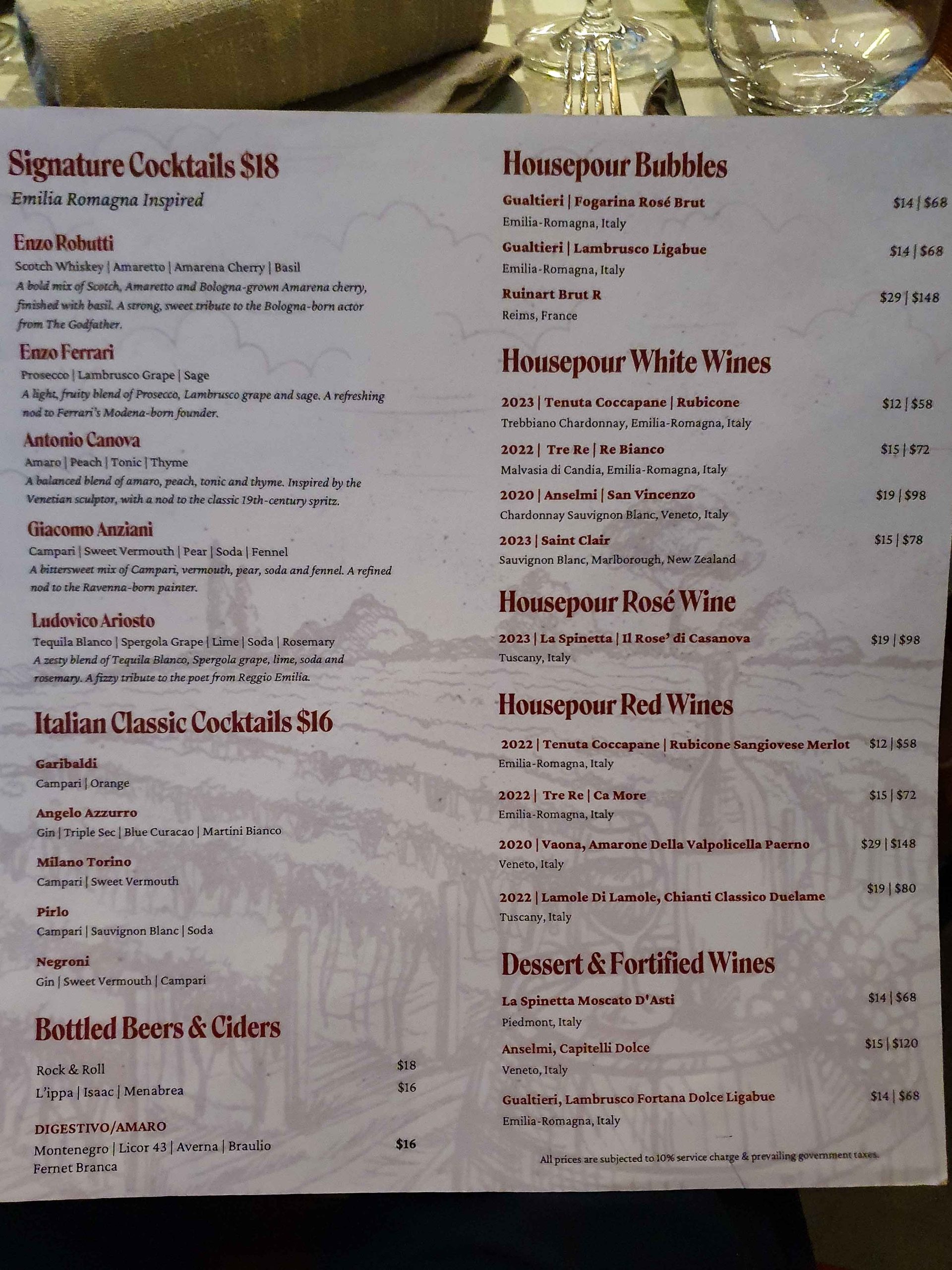 La Torre’s beverage menu