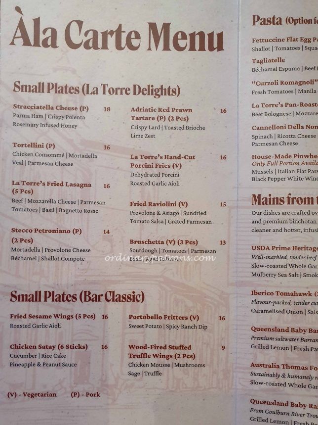 La Torre Menu