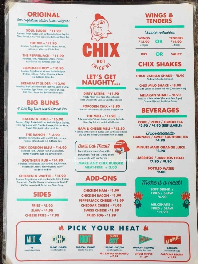 CHIX Hot Chicken Menu