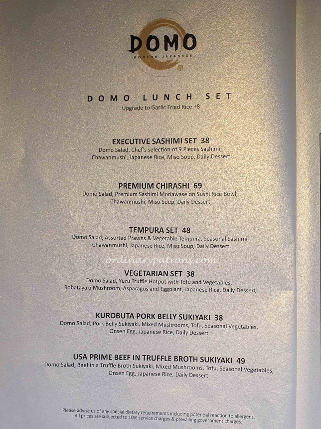 DOMO Modern Japanese Restaurant set lunch menu