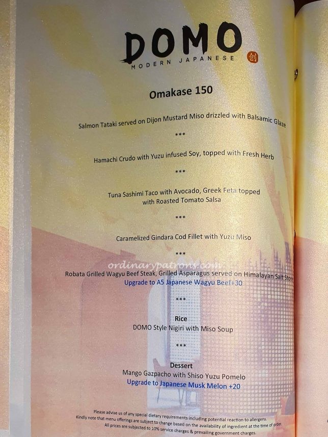 DOMO Modern Japanese Restaurant menu