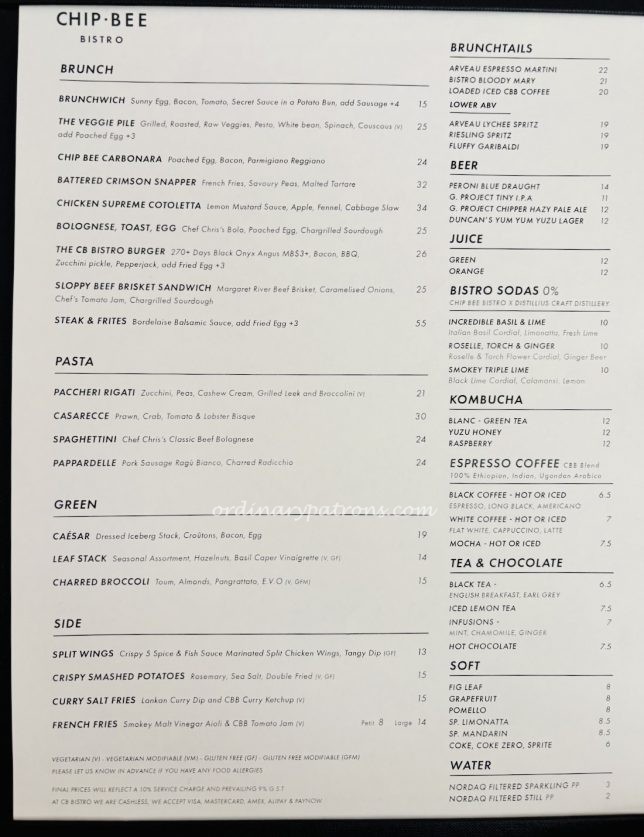 Chip Bee Bistro menu with prices