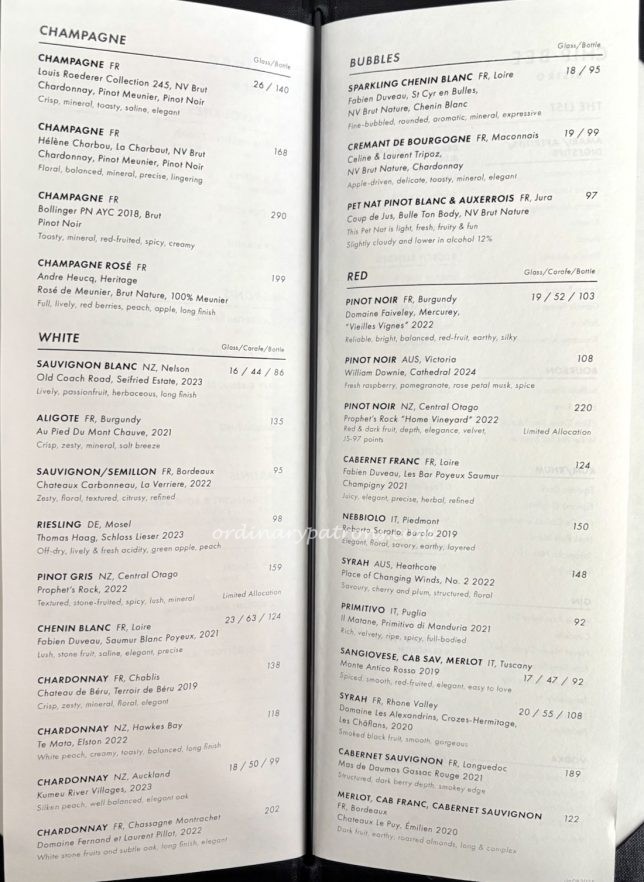 Chip Bee Bistro wine menu with prices