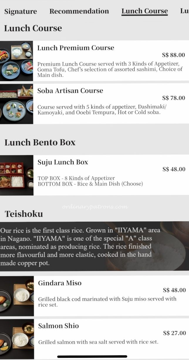 Suju Dining Takashimaya menu
