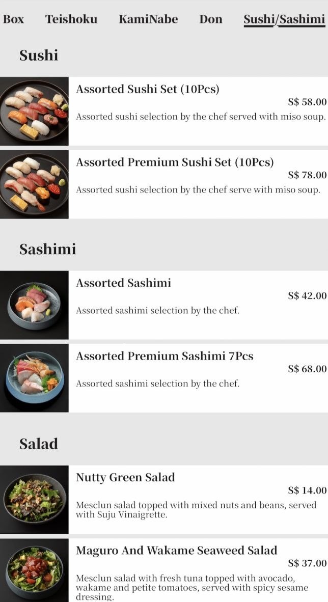 Suju Dining Takashimaya menu
