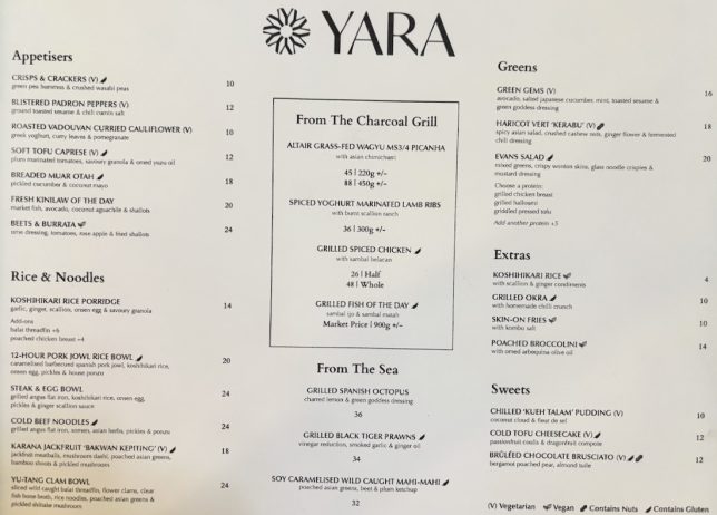 Yara Restaurant Menu
