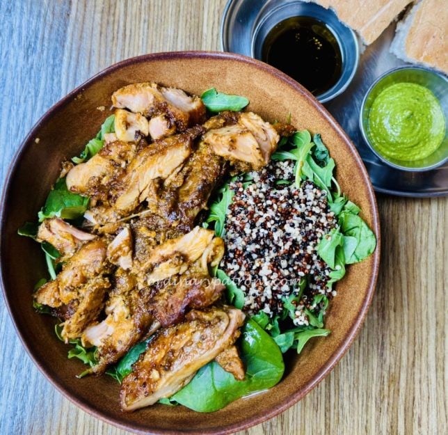 Grilled Chipotle Chicken bowl ($14) and a vegetarian Mushroom Shakshuka ($16).