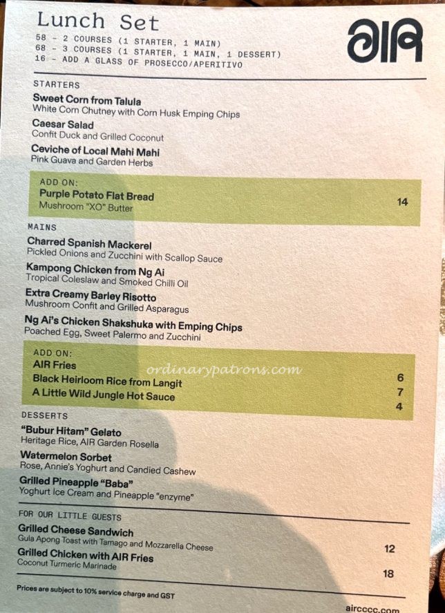 AIR Dempsey restaurant menu 