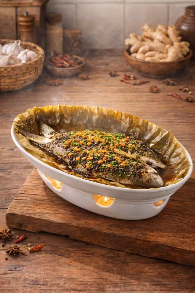 Baby Threadfin With Black Bean Sauce 明炉荷叶烧小海鲜鱼 