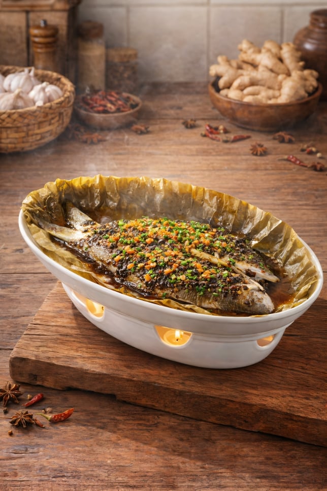 Baby Threadfin With Black Bean Sauce 明炉荷叶烧小海鲜鱼 