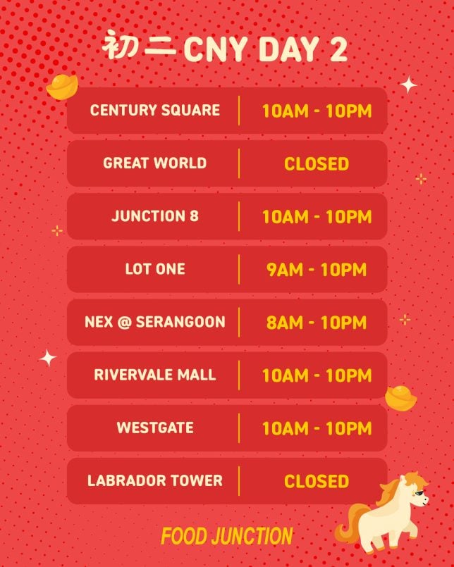 CNY Day 2 Operating Hours of Food Junction Food Courts