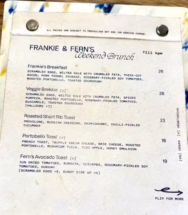 Popular Holland Village Cafe - Frankie & Fern's Menu