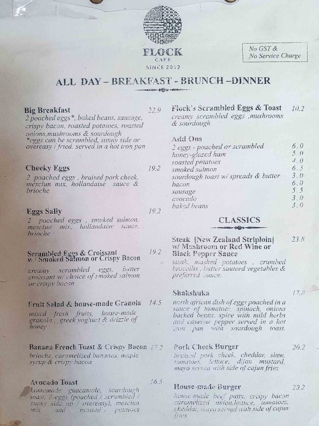 Menu of Flock Cafe
