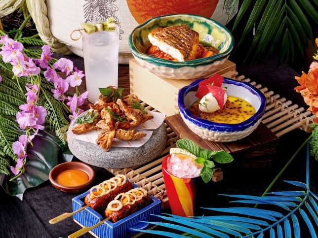 (L - R, Clockwise) Mushroom Tempura, Kiwi Paloma, Red Snaper, Brazilian Passionfruit Mousse, Ribatejo