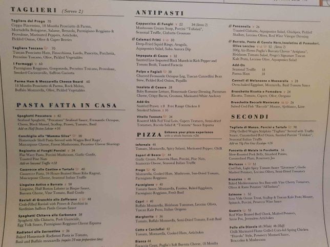 Prego's Menu