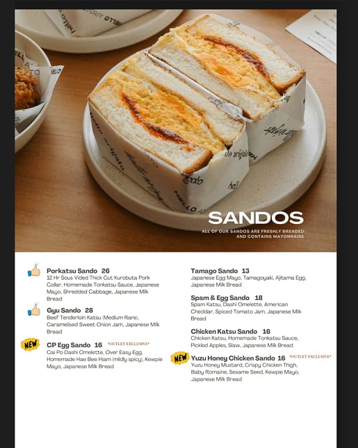 Hello Arigato Menu - Sandos