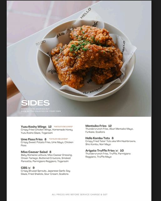Hello Arigato Menu - Sides 
