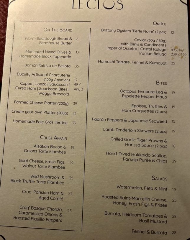 Le Clos Wine House & Restaurant review Singapore food menu