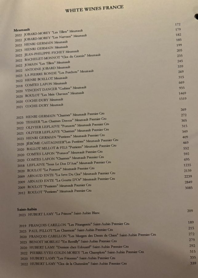 Le Clos Wine House & Restaurant wine list