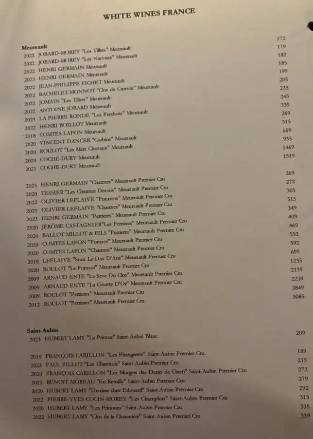 Le Clos Wine House & Restaurant wine list