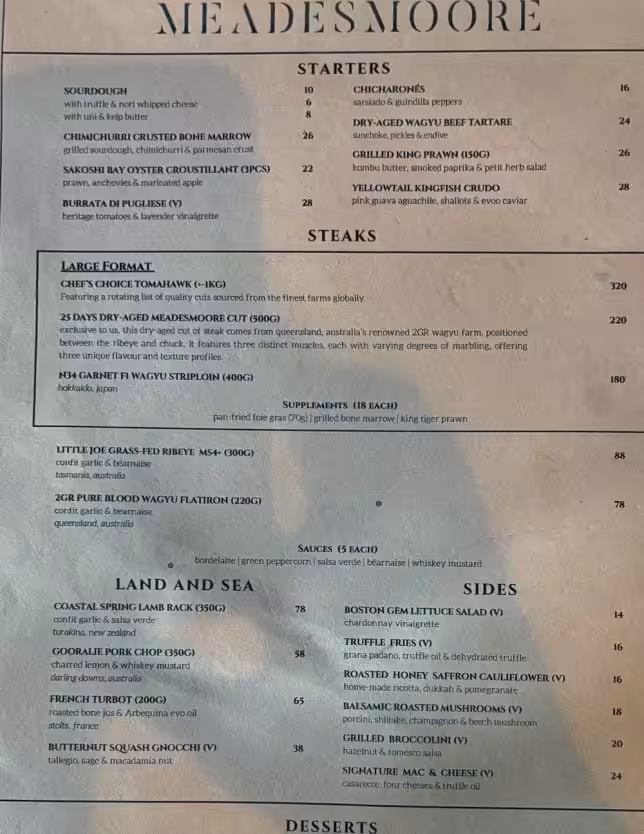 Meadesmoore Steakhouse Menu