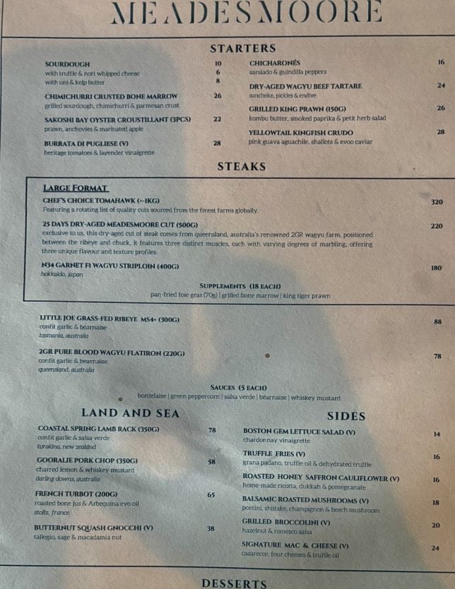 Meadesmoore Steakhouse Menu