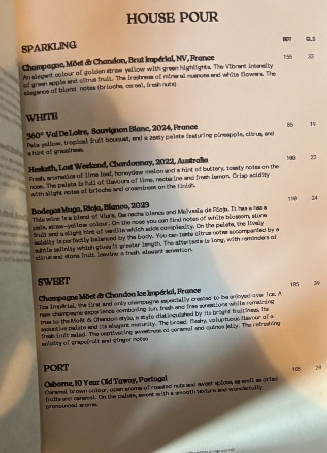 Meadesmoore Steakhouse wine list