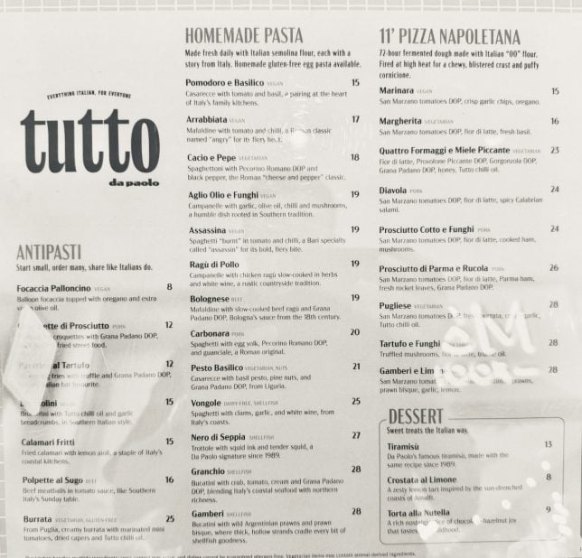 Tutto by Da Paolo Restaurant menu One Holland Village