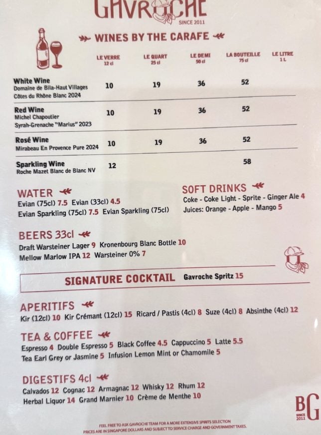 Wine list of  Bouillon Gavroche 