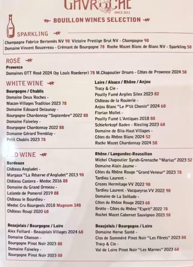 Bouillon Gavroche  Wine List :New  French Restaurant at Orchard Road Mandarin Gallery