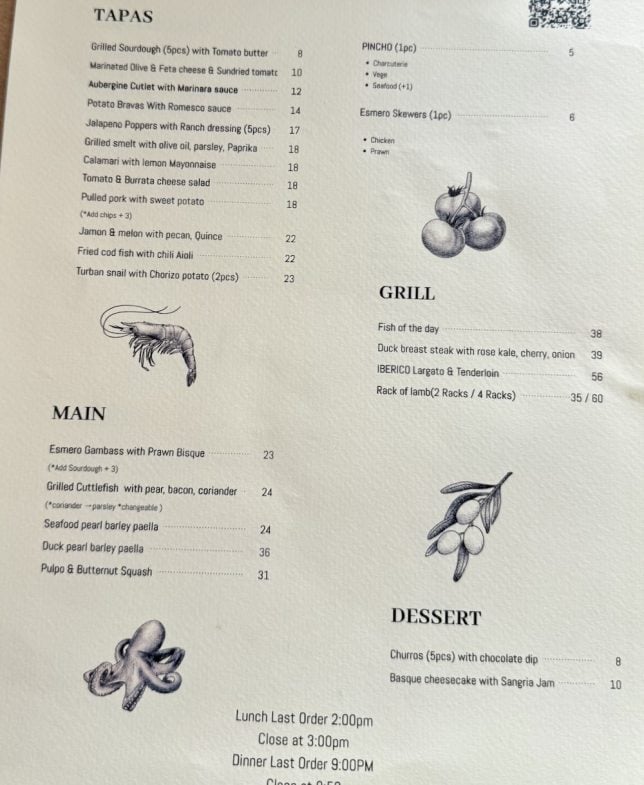 Esmero Spanish Restaurant Seoul menu