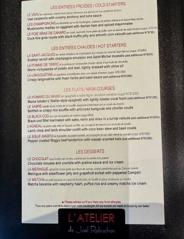 Menu of L’Atelier Robuchon Taipei : Two Michelin Star NT$2,080 (S$85) Lunch Menu