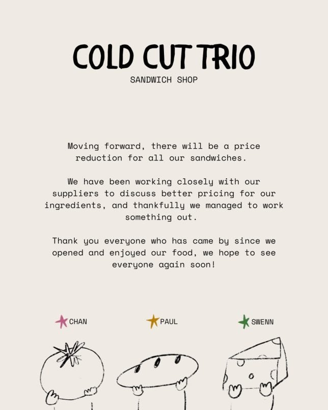 Cold Cut Trio Sandwich Shop announces price reduction
