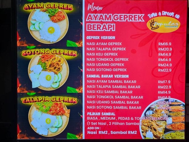 Stall Menu at Popular Food Court, Miri