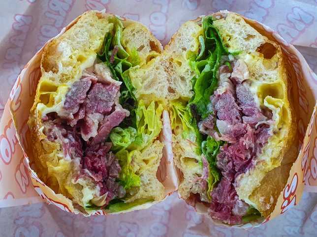 Salt Beef Sanga Sandwich at Marlowโs Deli