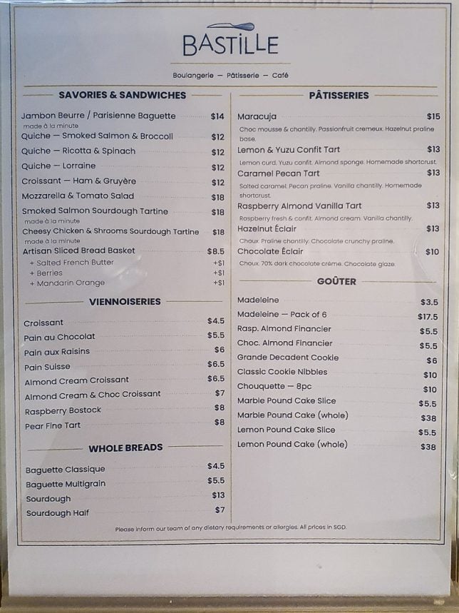 menu of Bastille