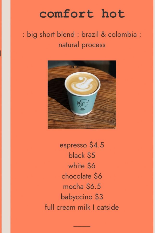 Big Short Coffee Menu