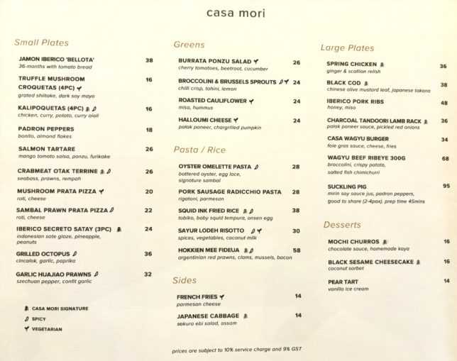 Casa Mori Restaurant Menu