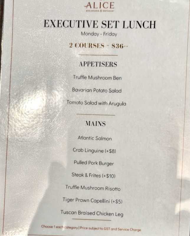 Alice Boulangerie & Restaurant Raffles City set lunch menu